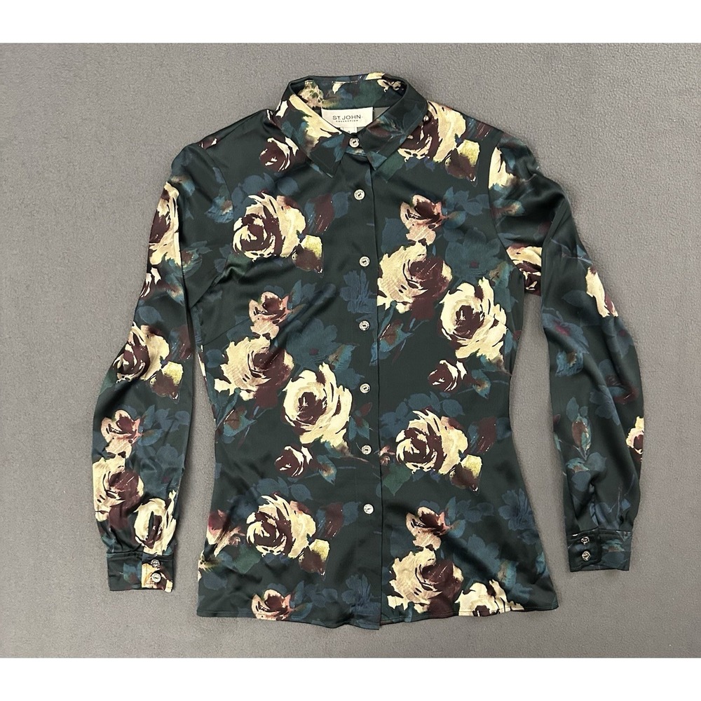 St. John Collection Blouse Silk Long Sleeve Floral Size 0